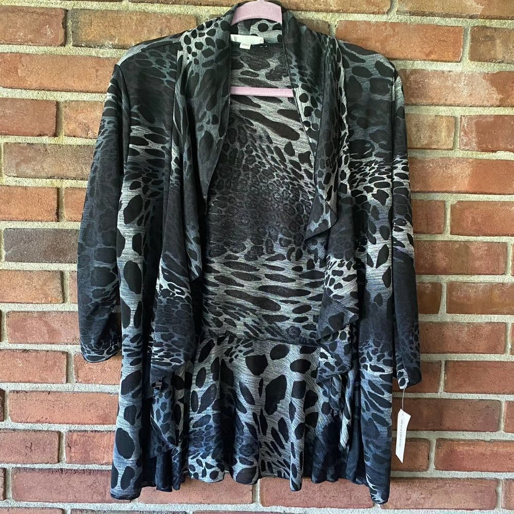 Dress Barn Animal Print Open Front Ruffle Cardigan Black Silver Large
